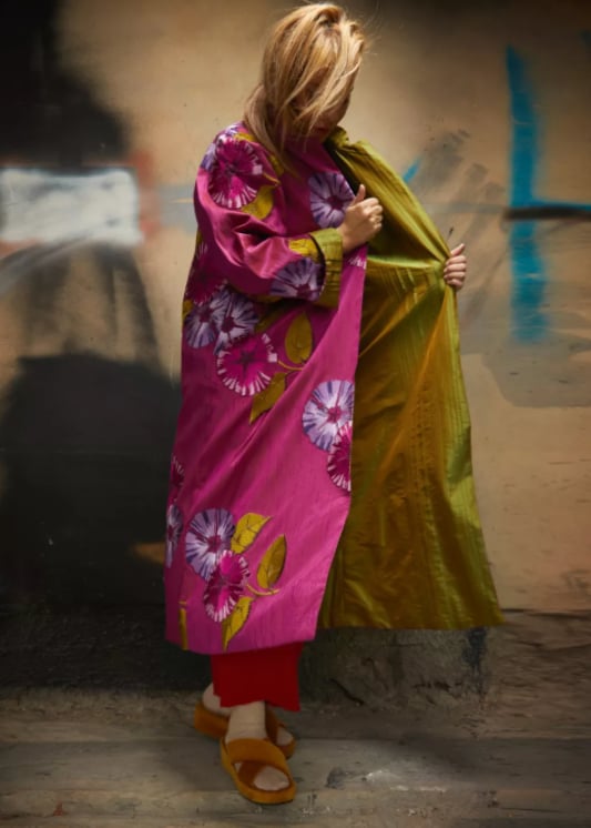 Roula Harb — Reversible Fuchsia & Olive Coat, side view