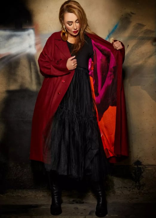 Roula Harb — Red Wool Coat with Floral Lining, front