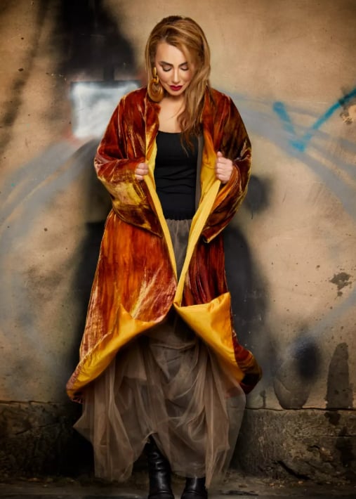 Roula Harb — Rust Velvet Coat, front