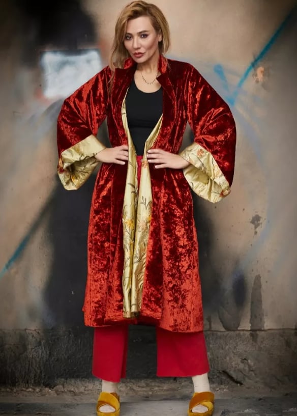 Roula Harb — Red & Gold Velvet Coat, front