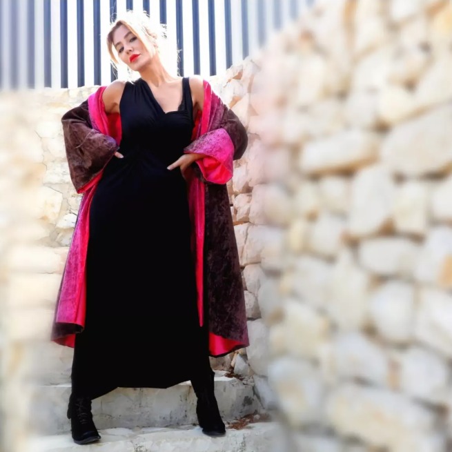 Roula Harb — Brown Velvet Robe with Hot Pink Lining, full front