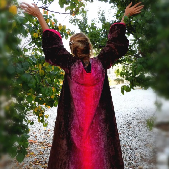 Roula Harb — Brown Velvet Robe, back view under the tree
