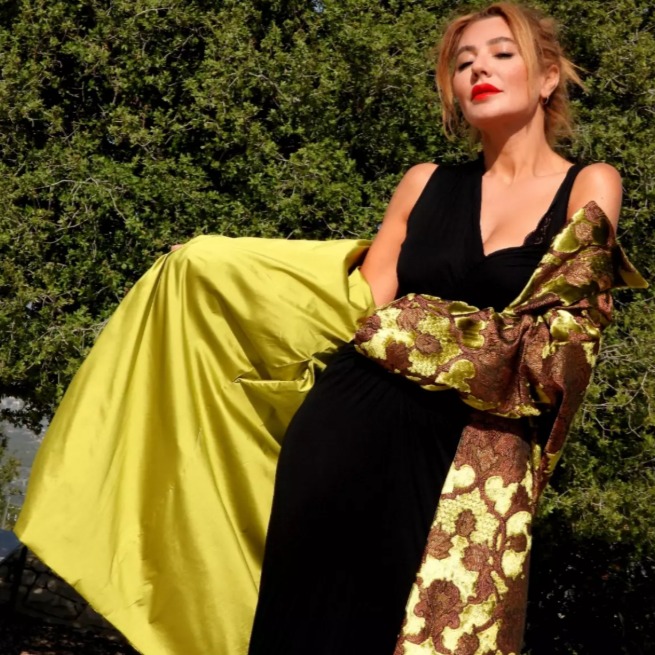 Roula Harb — Olive Brocade Coat, revealing the lime lining