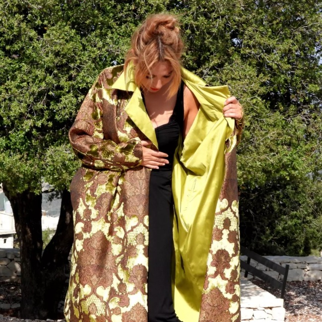 Roula Harb — Olive Brocade Coat, opening the coat