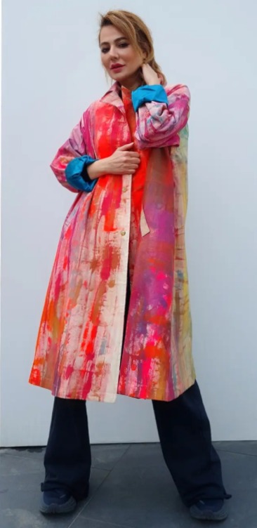 Roula Harb — Pink abstract painted coat, studio