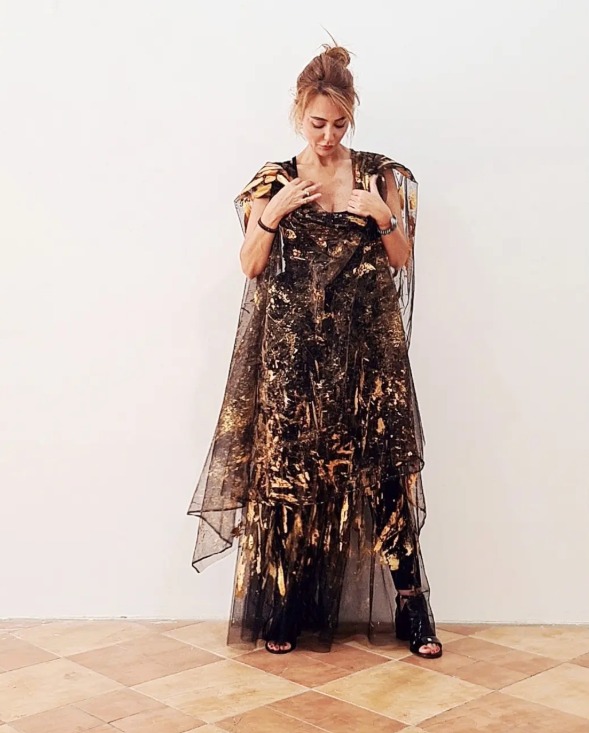 Roula Harb — Black & Gold Sheer Dress, adjusting neckline